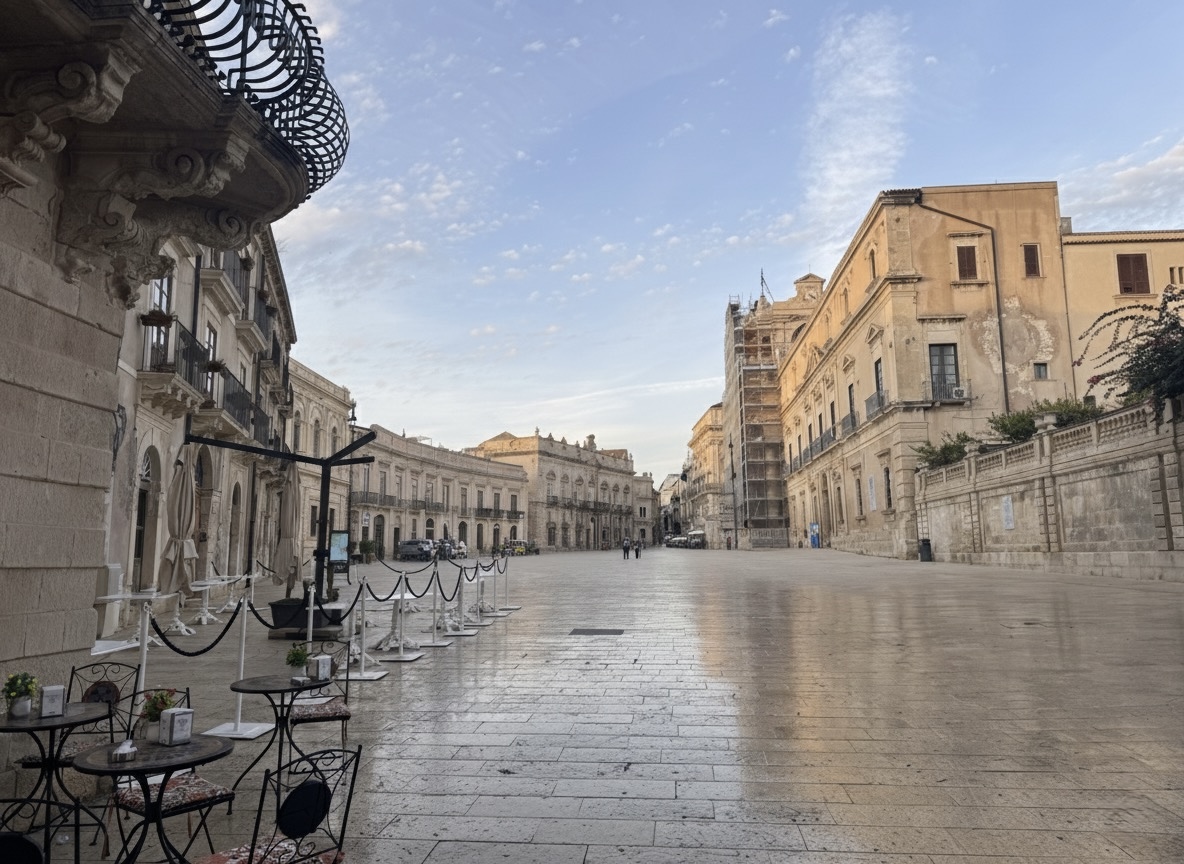 Veduta ampia di Piazza Duomo a Siracusa in una giornata serena, con il prospetto barocco della Cattedrale e le quinte di palazzi nobiliari che definiscono la piazza.