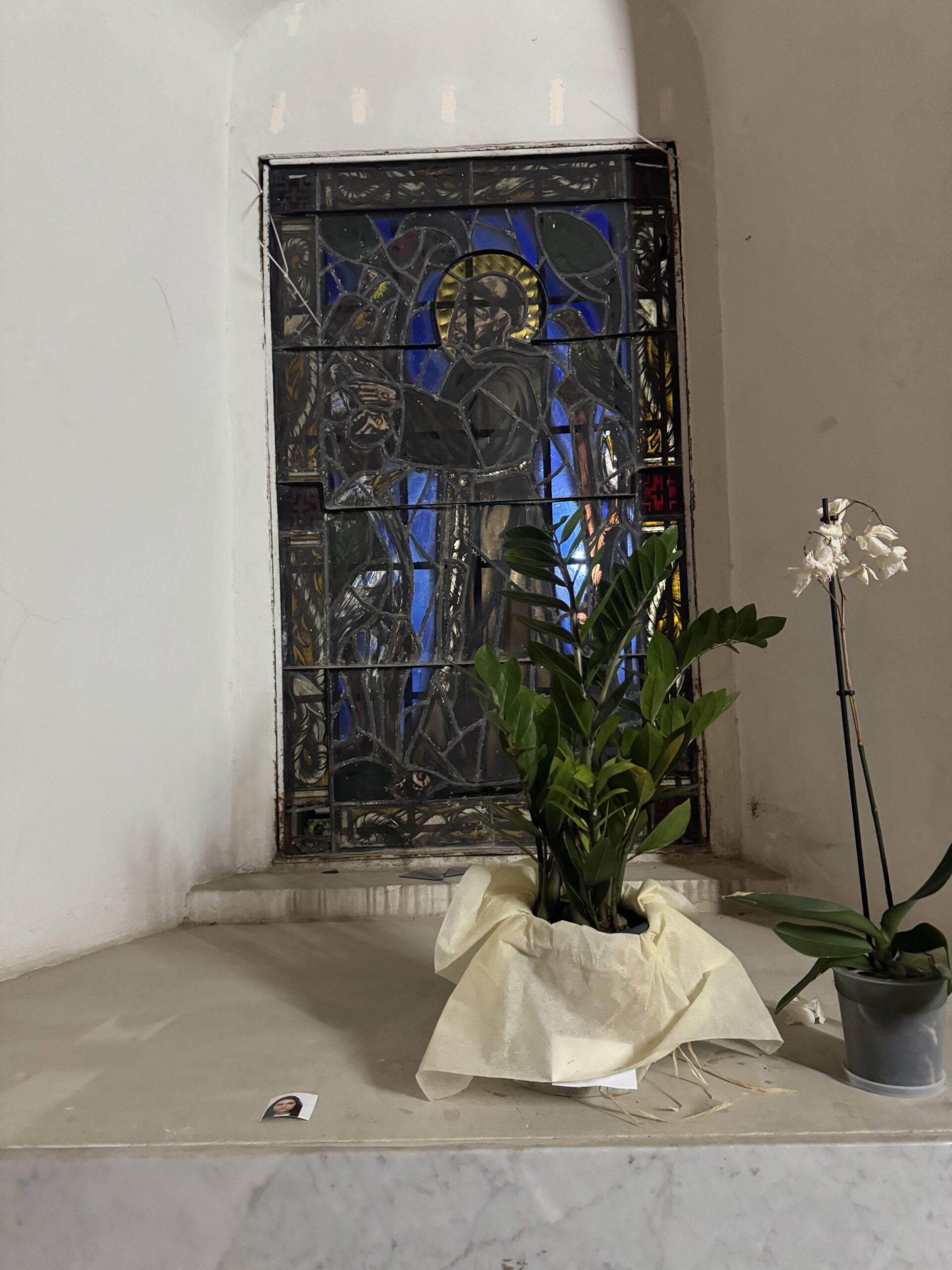 La vetrata policroma raffigurante San Francesco d’Assisi sopra la tomba di suor Chiara