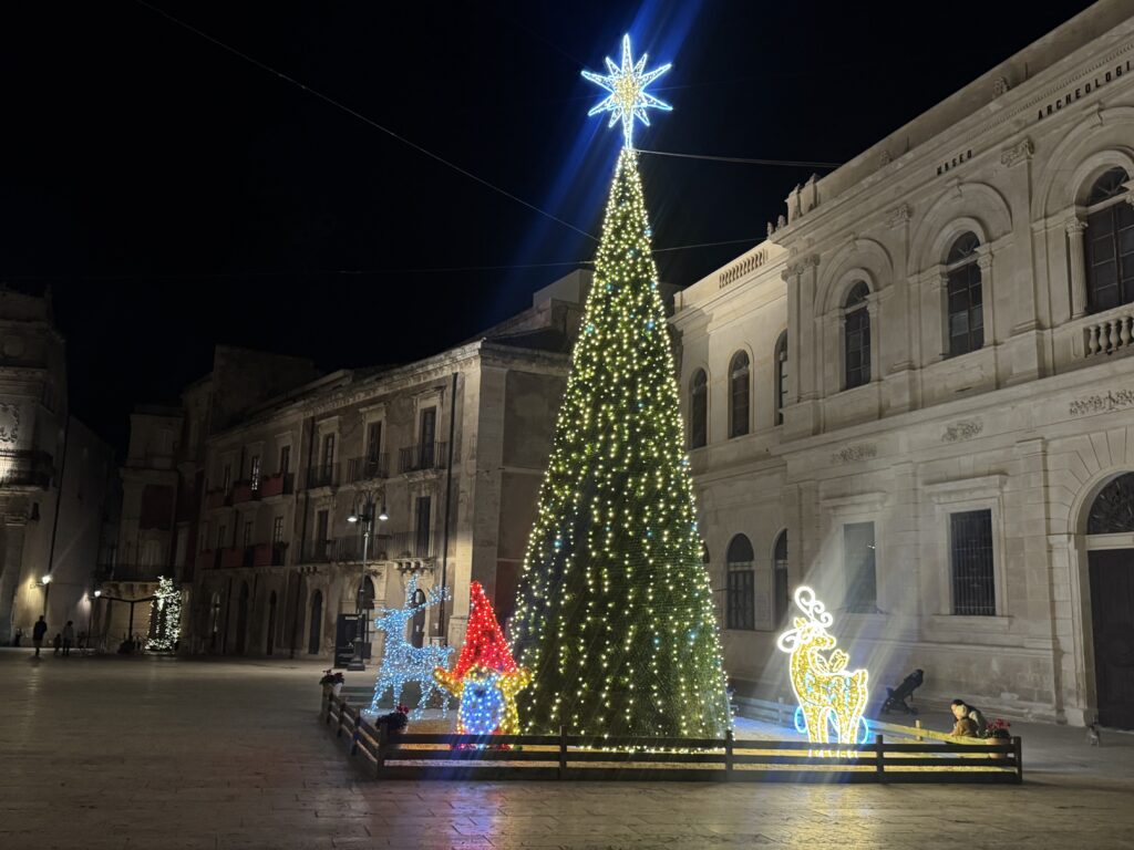 Grande albero di Natale illuminato con stella in cima; alla base sagome luminose (renne e decorazioni) in una piazza di notte. (edizione 2025)