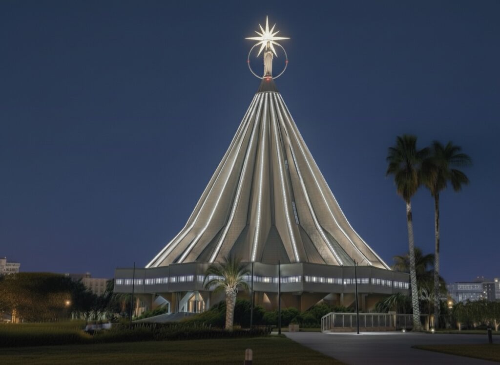 Simulazione notturna del Santuario della Madonna delle Lacrime di Siracusa illuminato con fasce verticali e stella in sommità