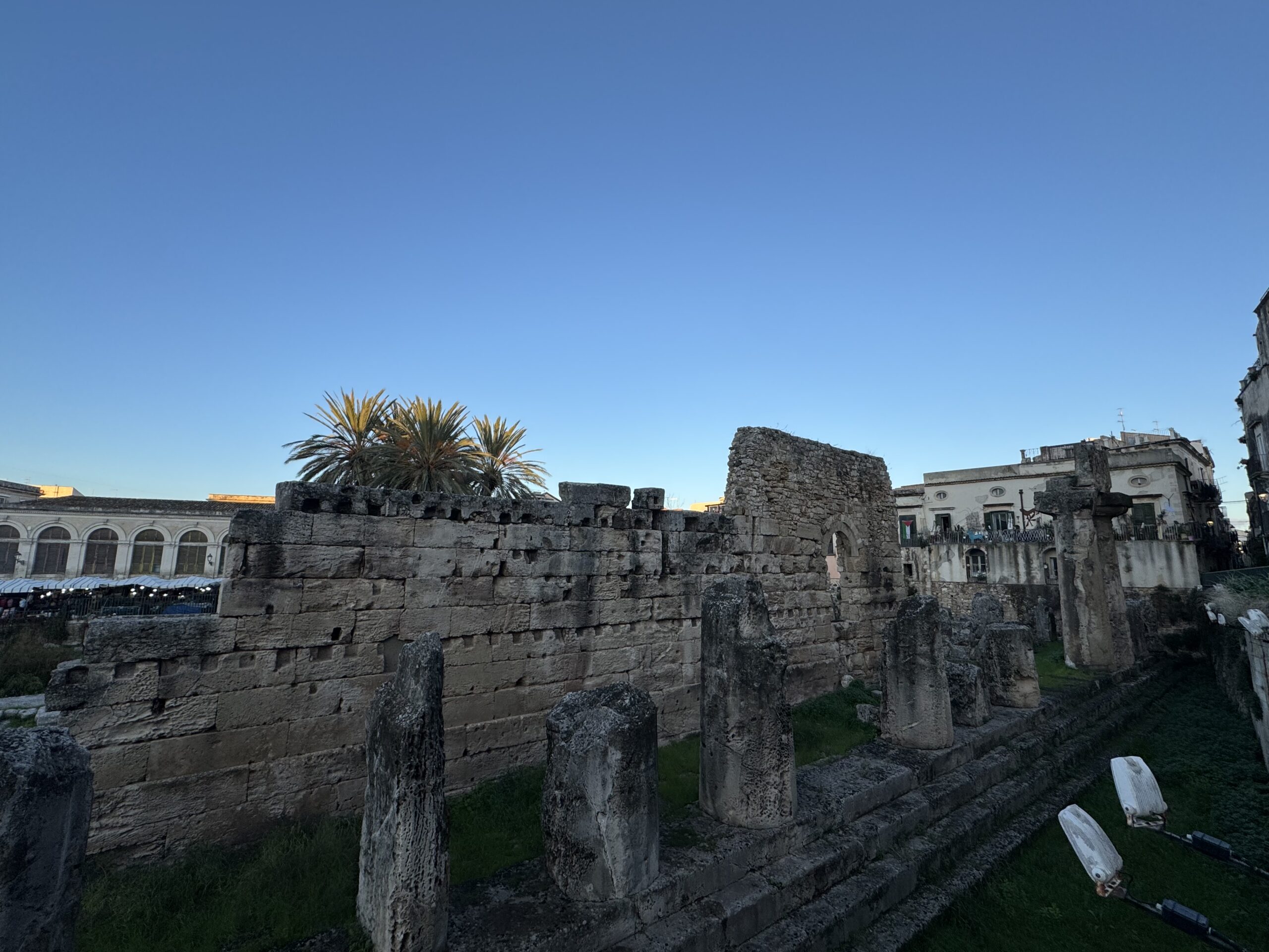 Veduta delle murature in blocchi e dei resti del colonnato del Tempio di Apollo, con palme e edifici di Ortigia sullo sfondo.