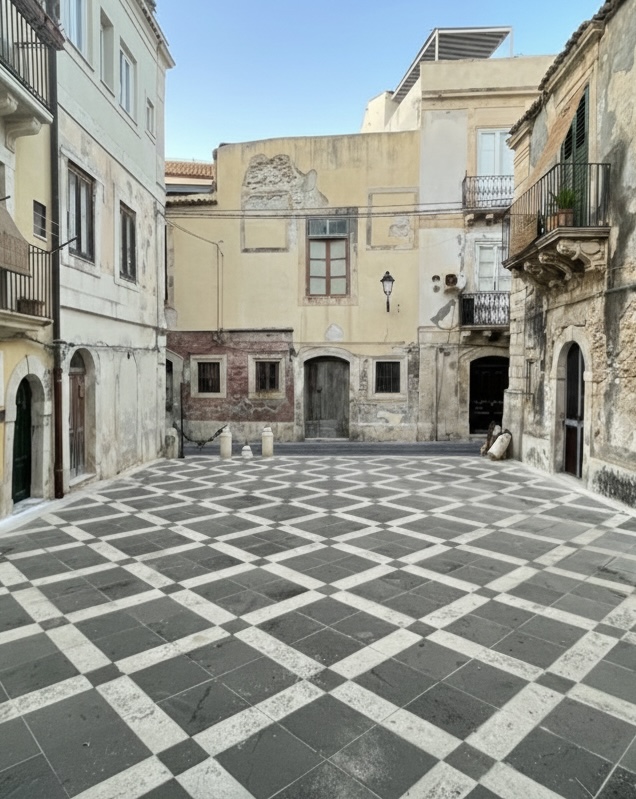 La piazzetta con pavimentazione a losanghe bicolori e edifici storici circostanti (Ortigia, Siracusa).