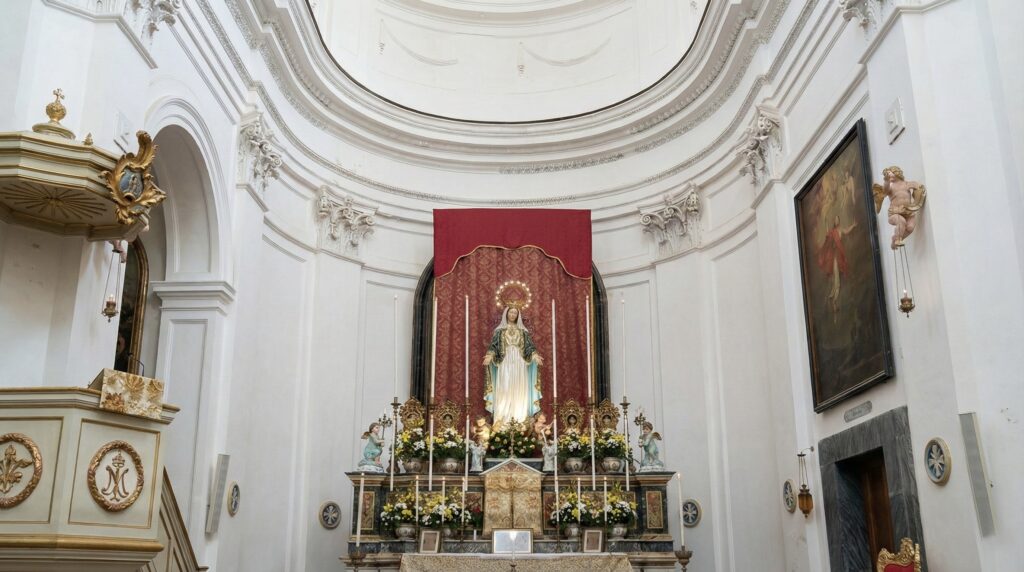 Interno di una chiesa barocca a Siracusa: al centro l’altare maggiore, con il simulacro dell’Immacolata vestita di bianco e verde davanti a un drappo rosso, circondato da fiori e alte candele.