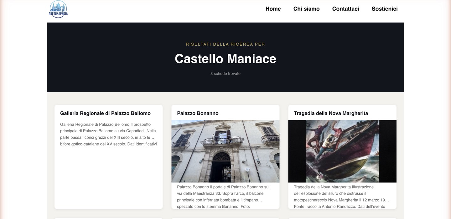 La nuova pagina dei risultati di ricerca di Aretusapedia con banner scuro e schede visive