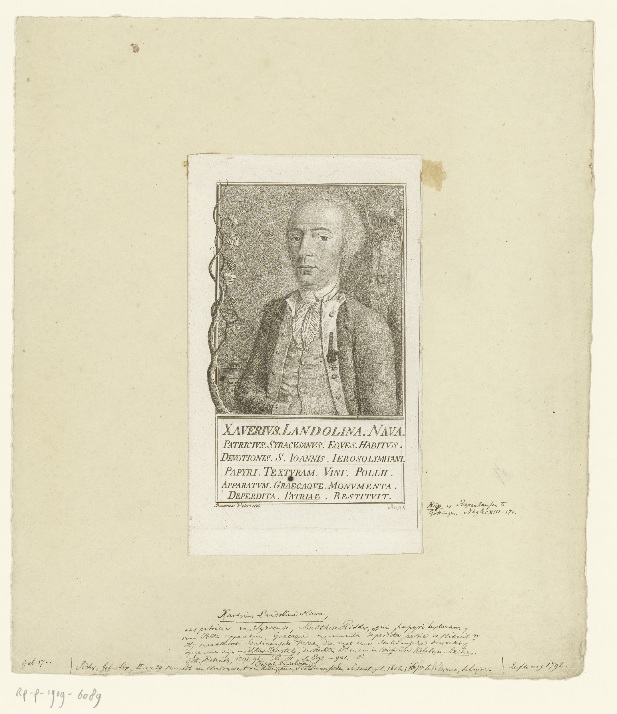 Ritratto inciso di Saverio Landolina Nava, archeologo siracusano del XVIII-XIX secolo