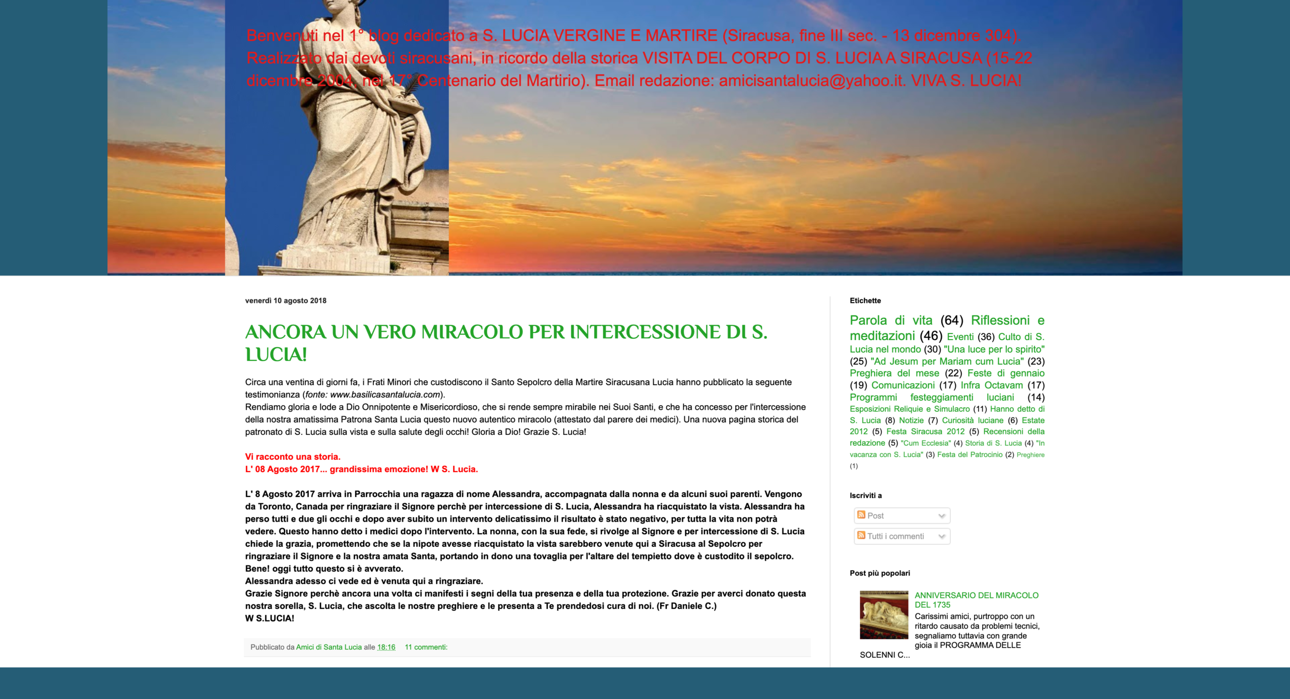Homepage del blog Amici di Santa Lucia su Blogger, aprile 2026