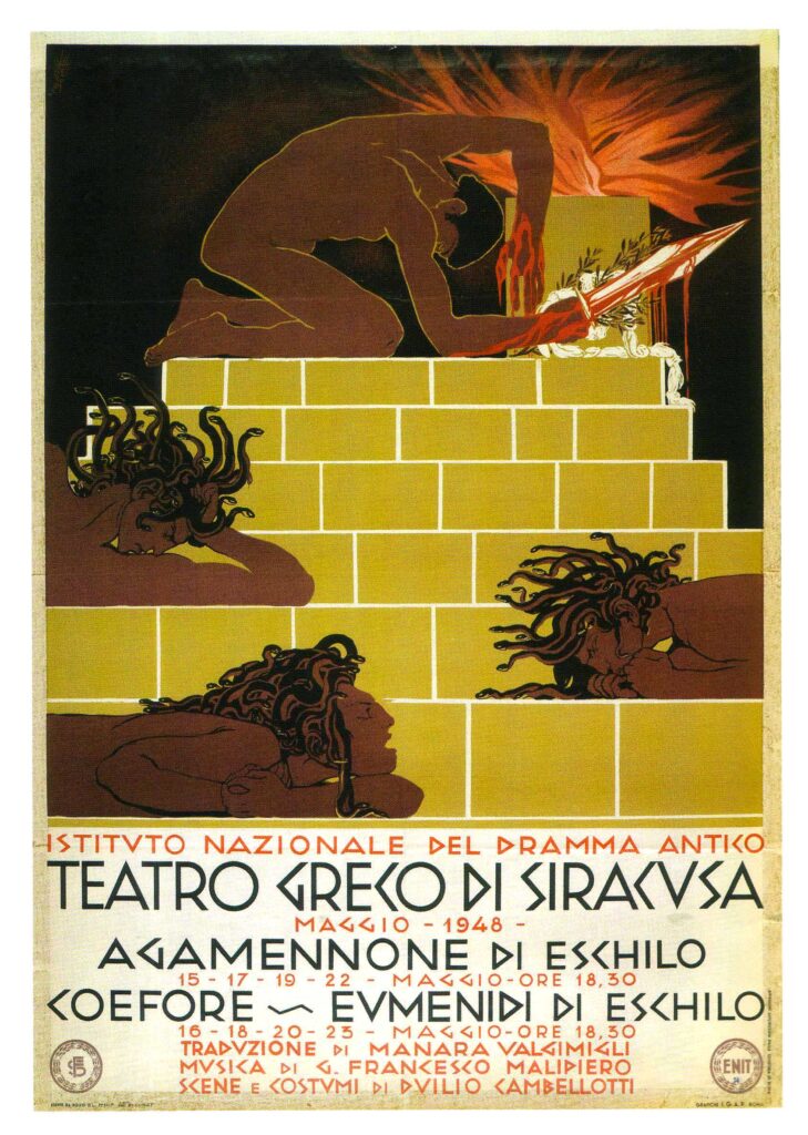 Poster con figure greche e informazioni sugli spettacoli.