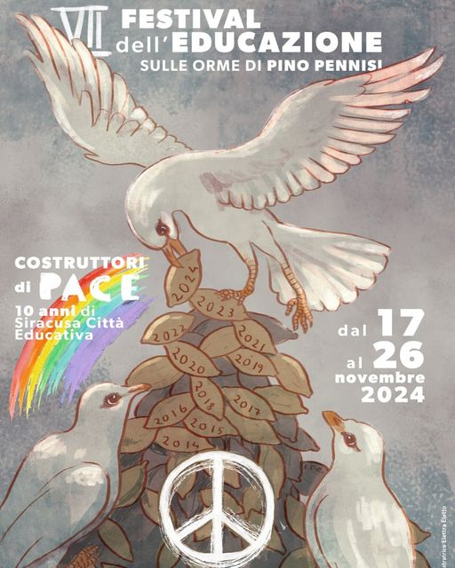 Tre colombe e simbolo della pace con date sulle olive.