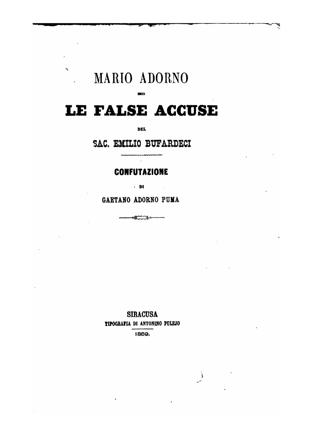 Frontespizio della Confutazione di Gaetano Adorno Puma (Siracusa, 1869)
