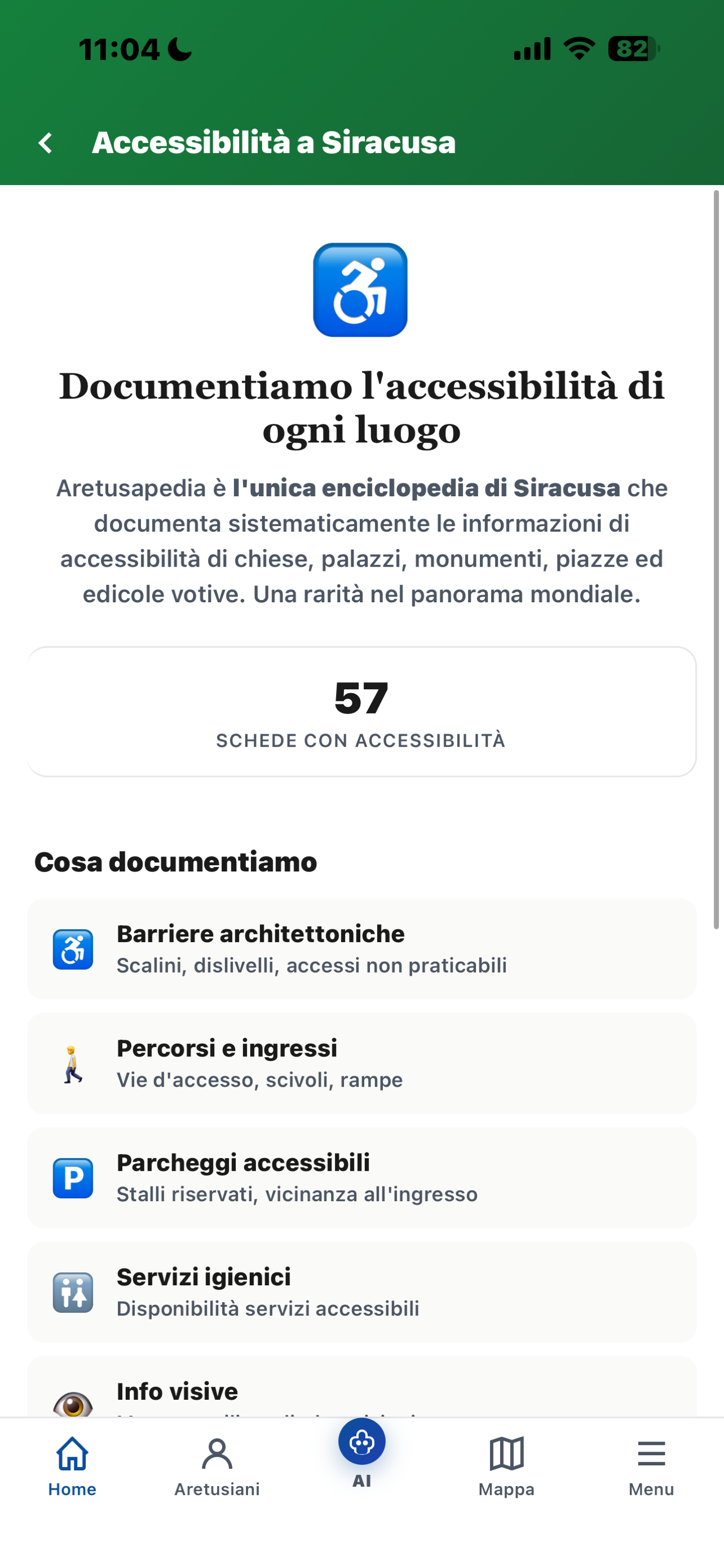 Schermata accessibilità a Siracusa nell'app Aretusapedia: 57 schede con info di accessibilità, lista delle categorie documentate (barriere architettoniche, percorsi e ingressi, parcheggi, servizi igienici, info visive)