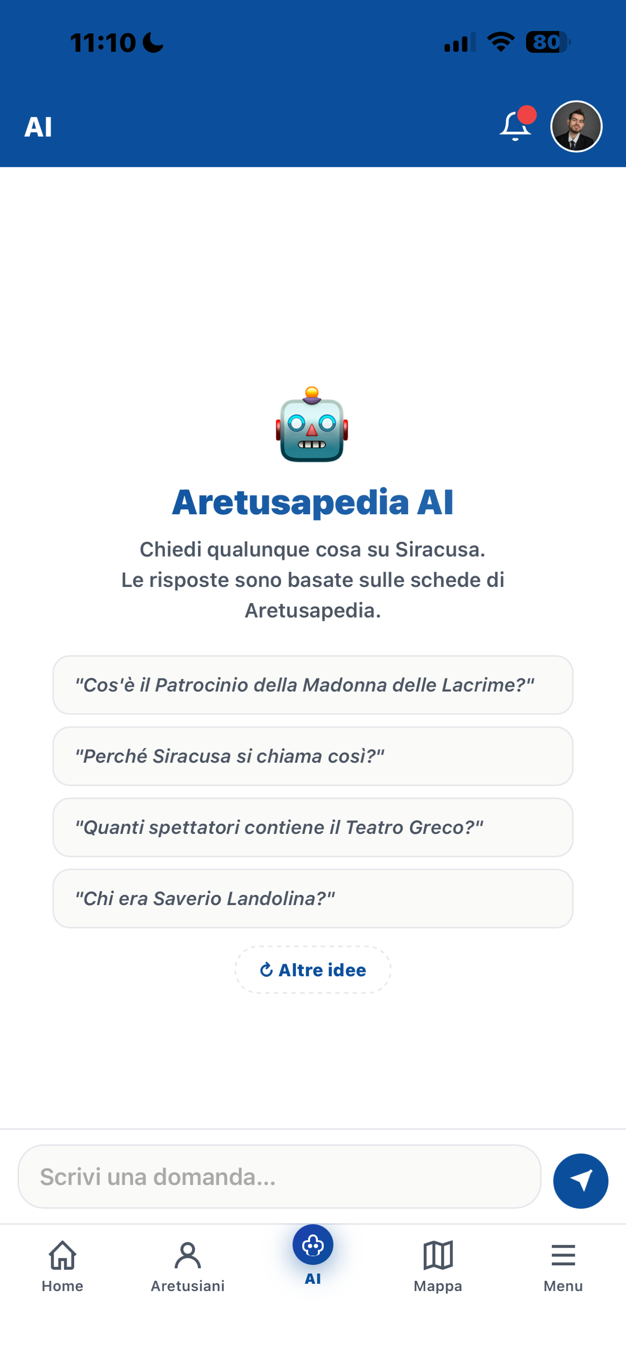 Schermata di Aretusapedia AI nell'app: titolo, descrizione e quattro domande di esempio cliccabili