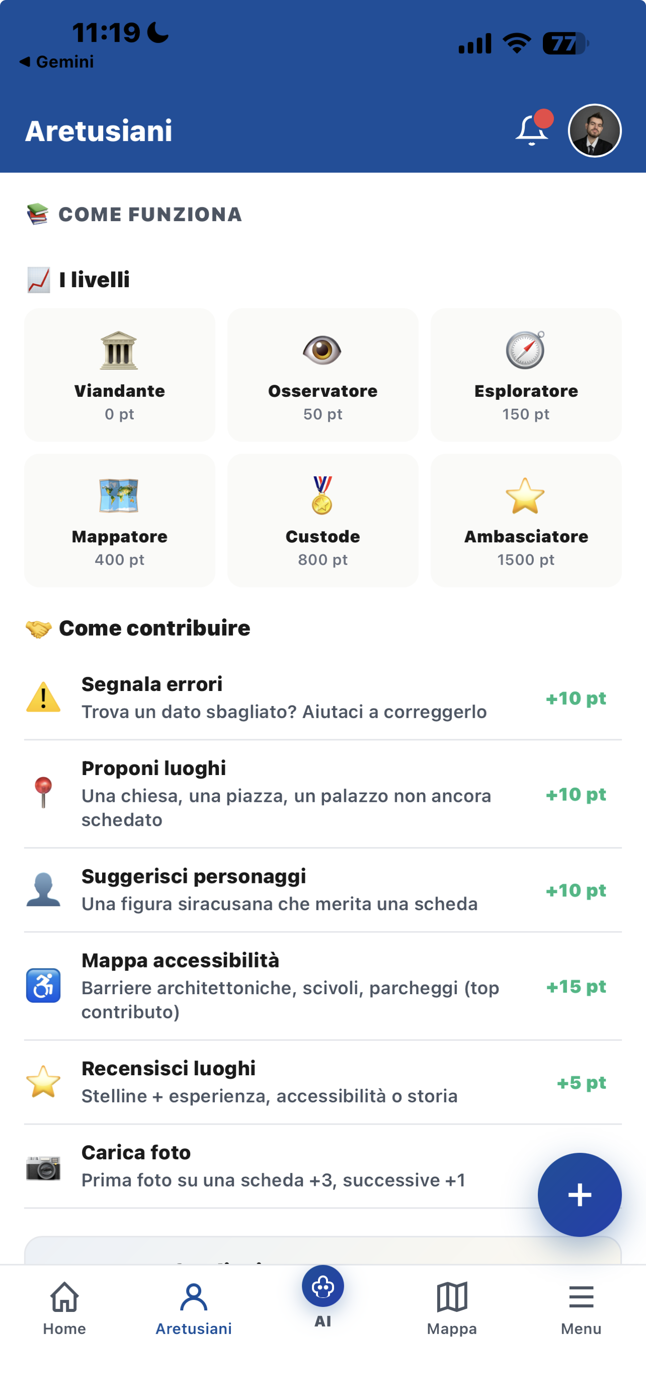 Schermata Aretusiani nell'app: sei livelli con icone (Viandante, Osservatore, Esploratore, Mappatore, Custode, Ambasciatore) e lista dei modi per contribuire con i punti