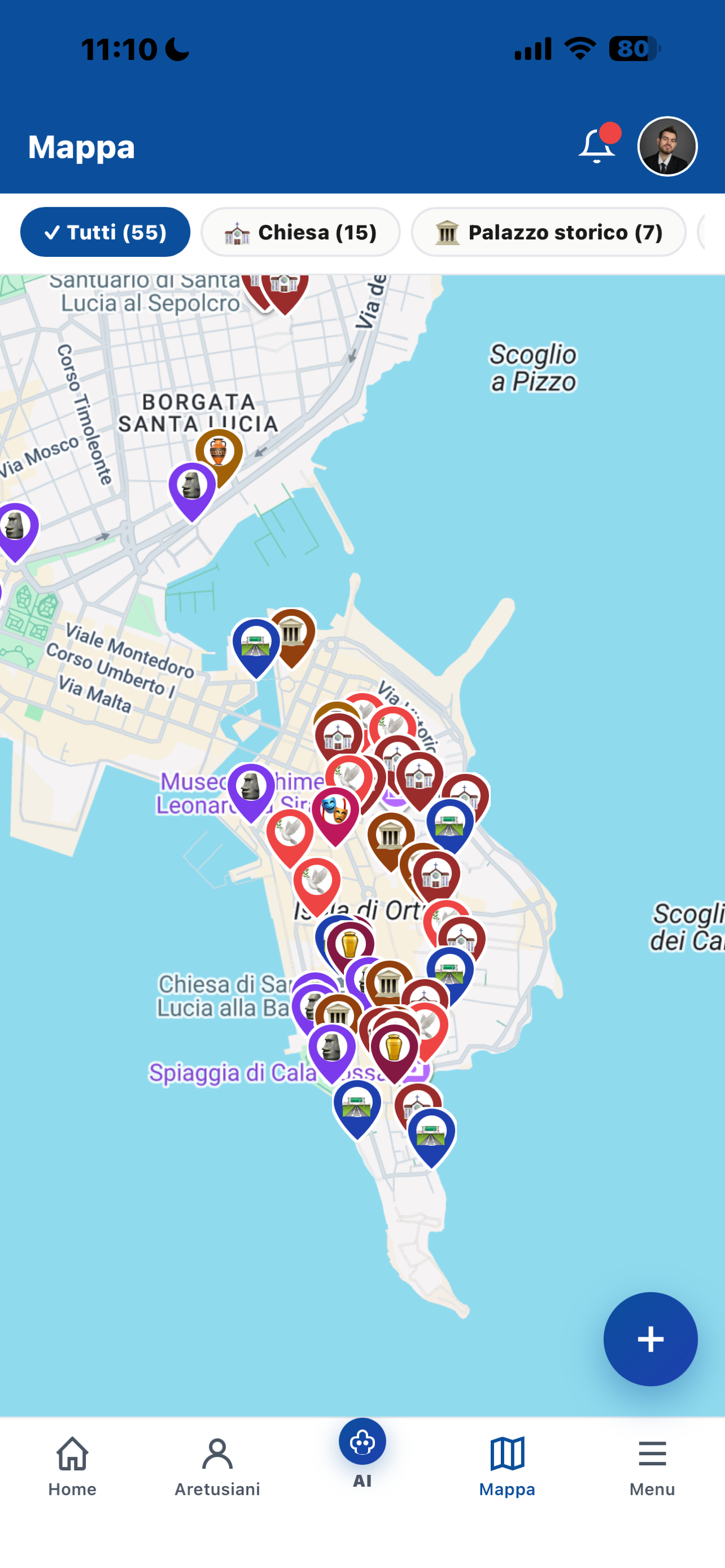 Mappa interattiva di Ortigia nell'app Aretusapedia con 55 marker raggruppati per categoria: chiese, palazzi storici, piazze e altre tipologie