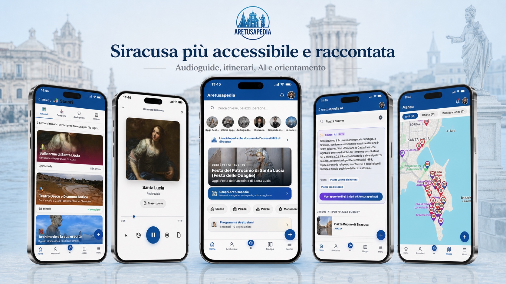 Cinque schermate dell'app Aretusapedia su sfondo del Tempio di Apollo: itinerari tematici, audioguida di Santa Lucia, home con eventi, chat con Aretusapedia AI, mappa con marker
