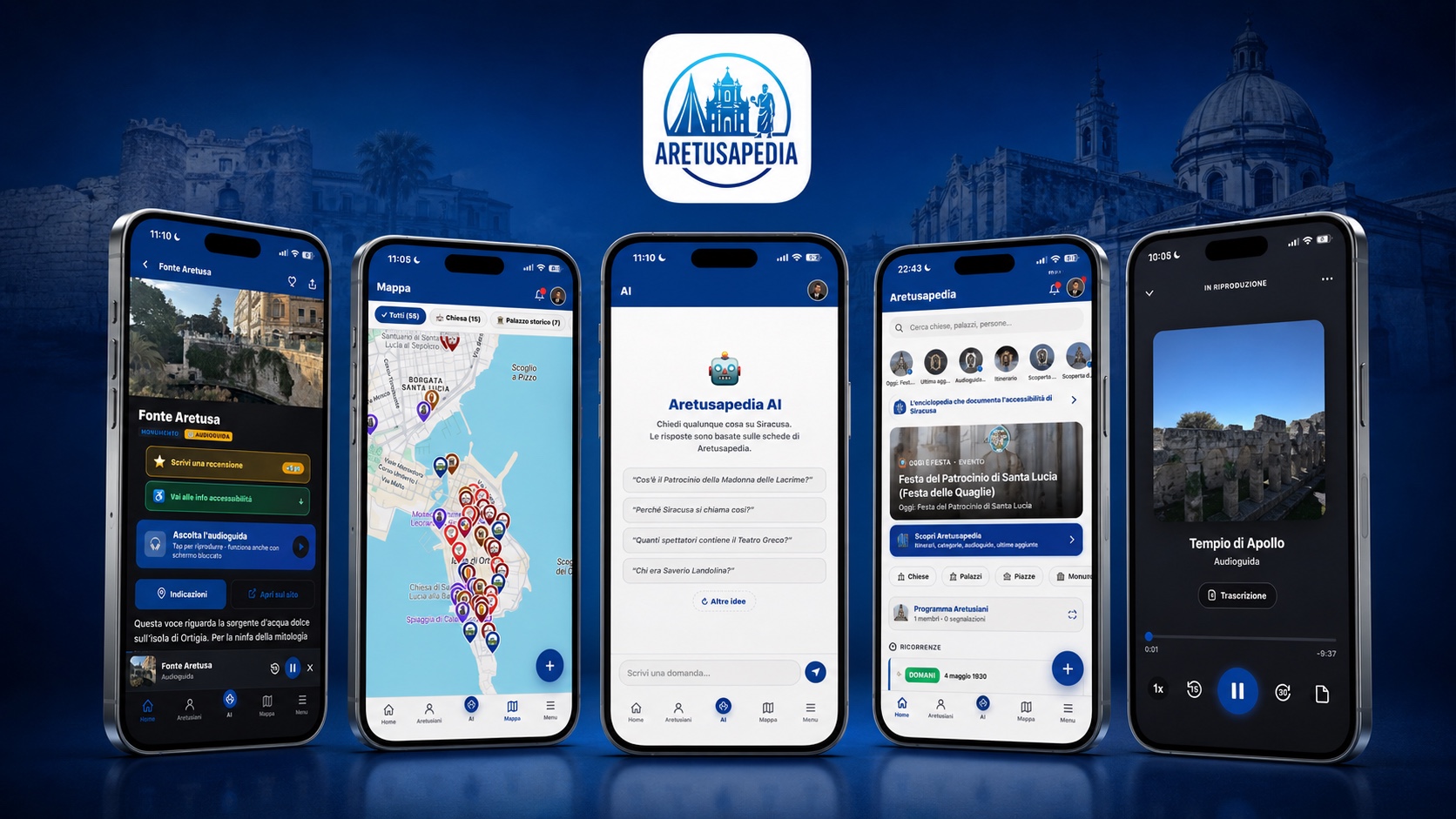 Cinque schermate notturne dell'app Aretusapedia: scheda Fonte Aretusa, mappa di Ortigia con marker per categoria, chat AI, home con eventi, player audioguida del Tempio di Apollo