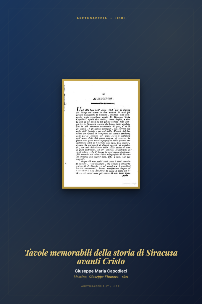 Frontespizio del libro Giuseppe Maria Capodieci, Tavole memorabili della storia di Siracusa avanti Cristo (1821)