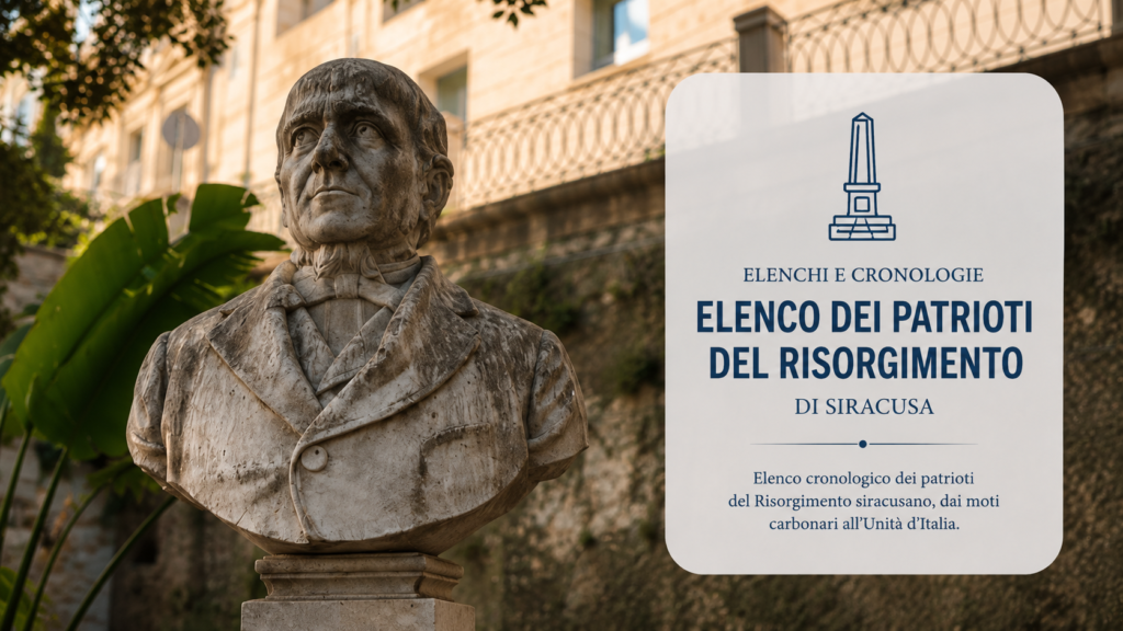 Busto marmoreo di patriota siracusano con copertina dedicata all elenco dei patrioti del Risorgimento siracusano su Aretusapedia