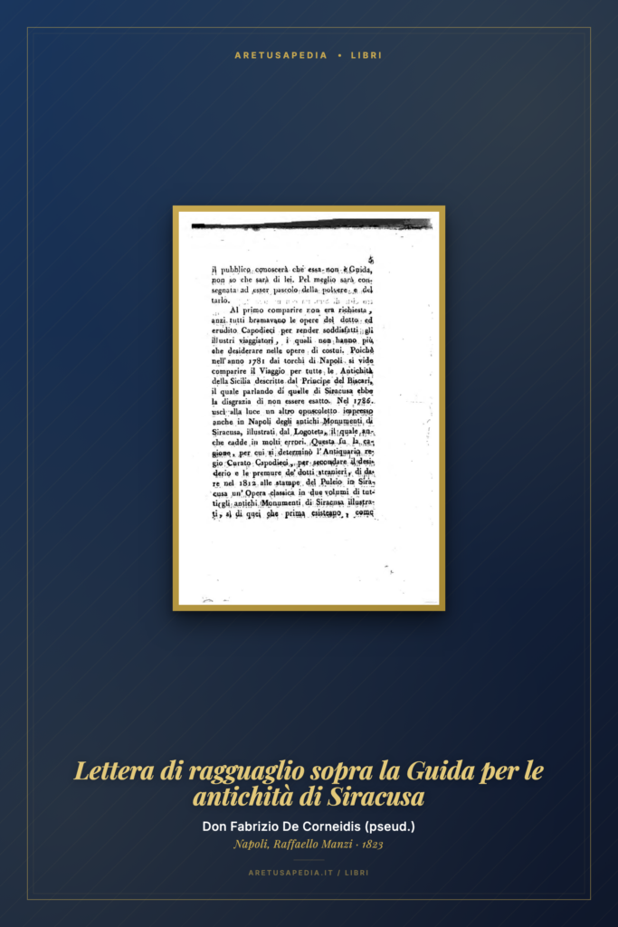 Frontespizio di Don Fabrizio De Corneidis, Lettera di ragguaglio sopra la Guida per le antichità di Siracusa (1823)