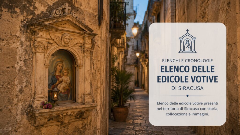 Cover dell elenco delle edicole votive di Siracusa: nicchia votiva con dipinto della Madonna col Bambino in un vicolo di Ortigia con cartello Elenchi e Cronologie