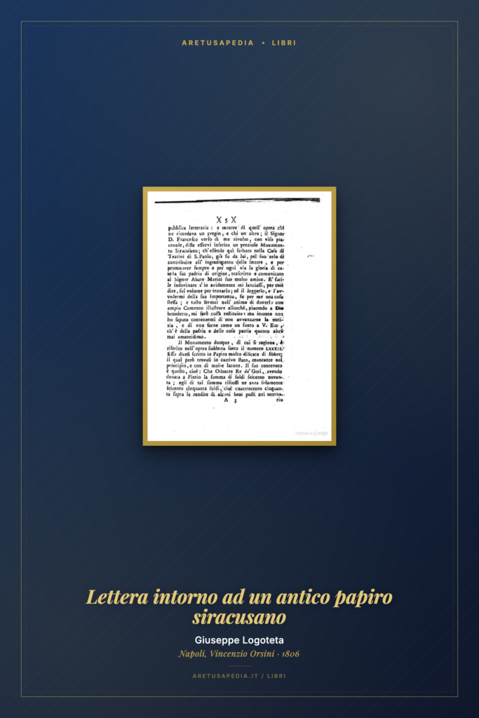 Frontespizio di Giuseppe Logoteta, Lettera intorno ad un antico papiro siracusano (1806)