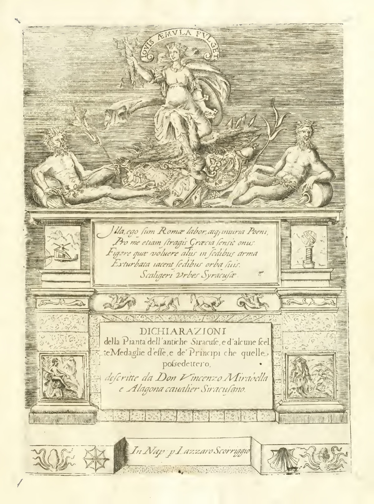 Frontespizio inciso dell'edizione originale del 1613, con la ninfa Aretusa, due figure fluviali e i cartigli con il titolo dell'opera.