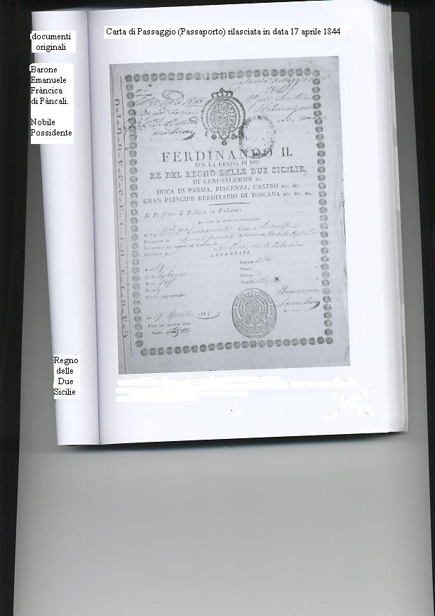 Passaporto o lasciapassare ottocentesco intestato a Emanuele Francica barone di Pancali, documento dell'epoca dell'esilio