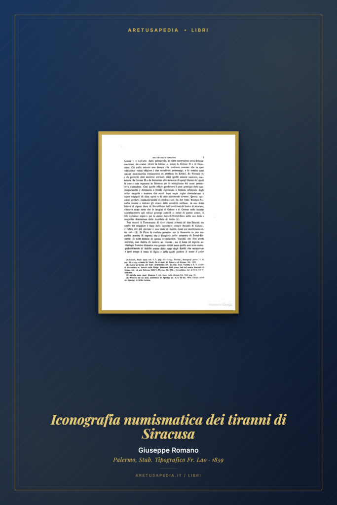 Frontespizio del libro Giuseppe Romano, Iconografia numismatica dei tiranni di Siracusa (1859)