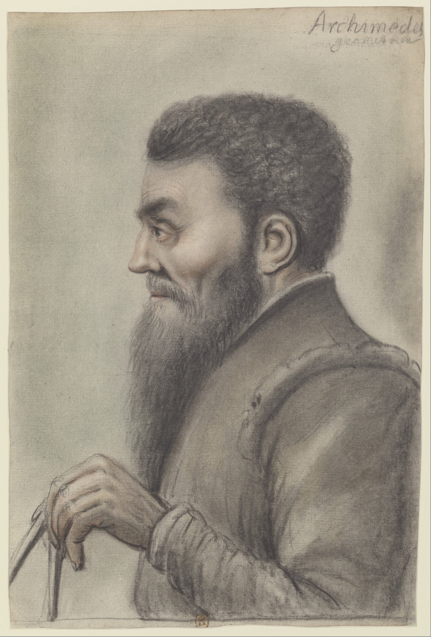 Disegno seicentesco che ritrae Archimede di profilo con un compasso, ispirato alla Scuola di Atene di Raffaello