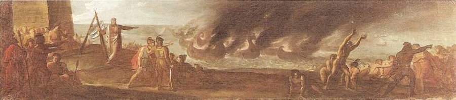 Dipinto del siciliano Vincenzo Riolo del 1820 con Archimede che incendia le navi romane con gli specchi ustori