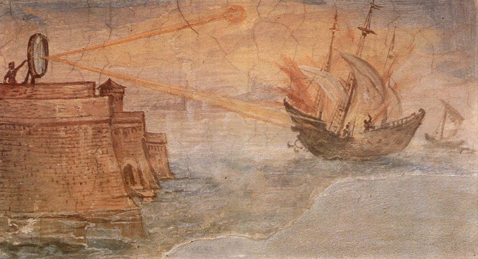 Affresco di Giulio Parigi che mostra gli specchi ustori di Archimede incendiare una nave romana