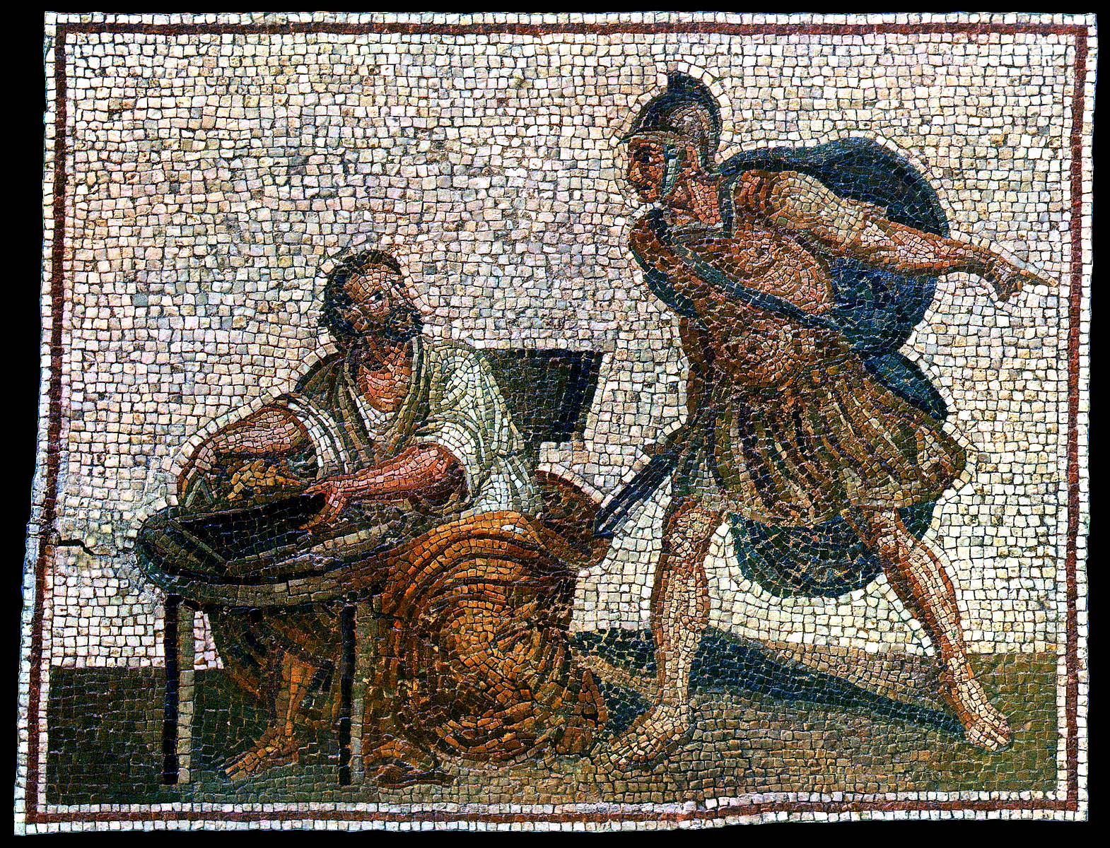 Mosaico che raffigura la morte di Archimede sorpreso dal soldato romano