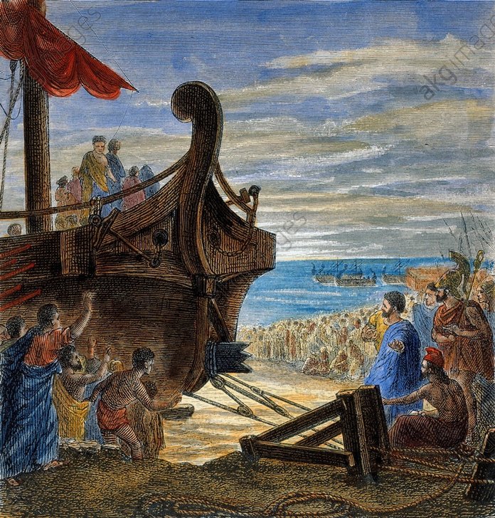 Xilografia ottocentesca di Archimede che vara una grande nave con un sistema di leve e carrucole