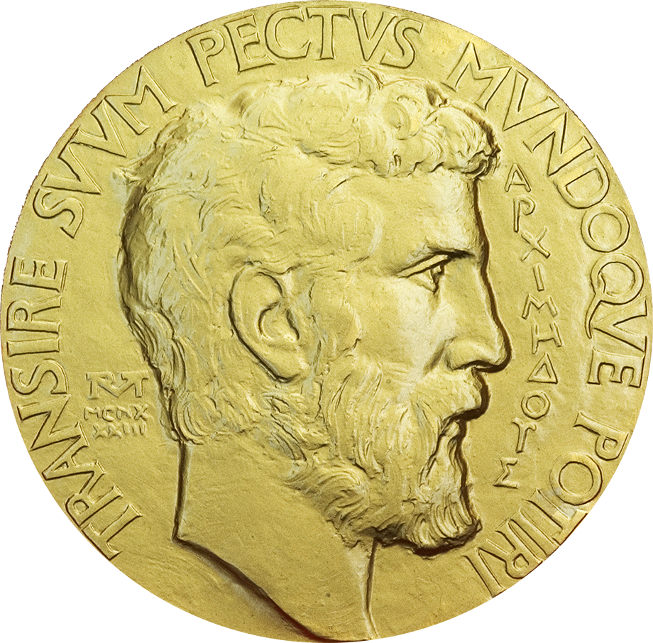 Il dritto della Medaglia Fields con la testa di Archimede di profilo e il nome in greco