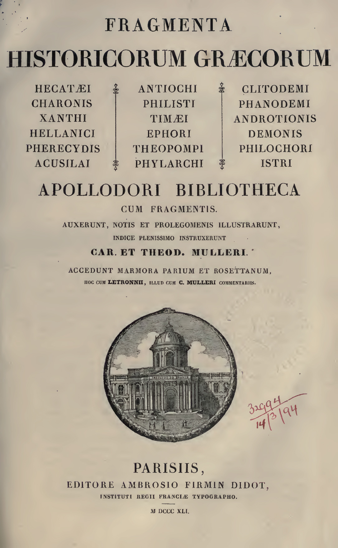 Frontespizio dei Fragmenta Historicorum Graecorum di Müller, 1841
