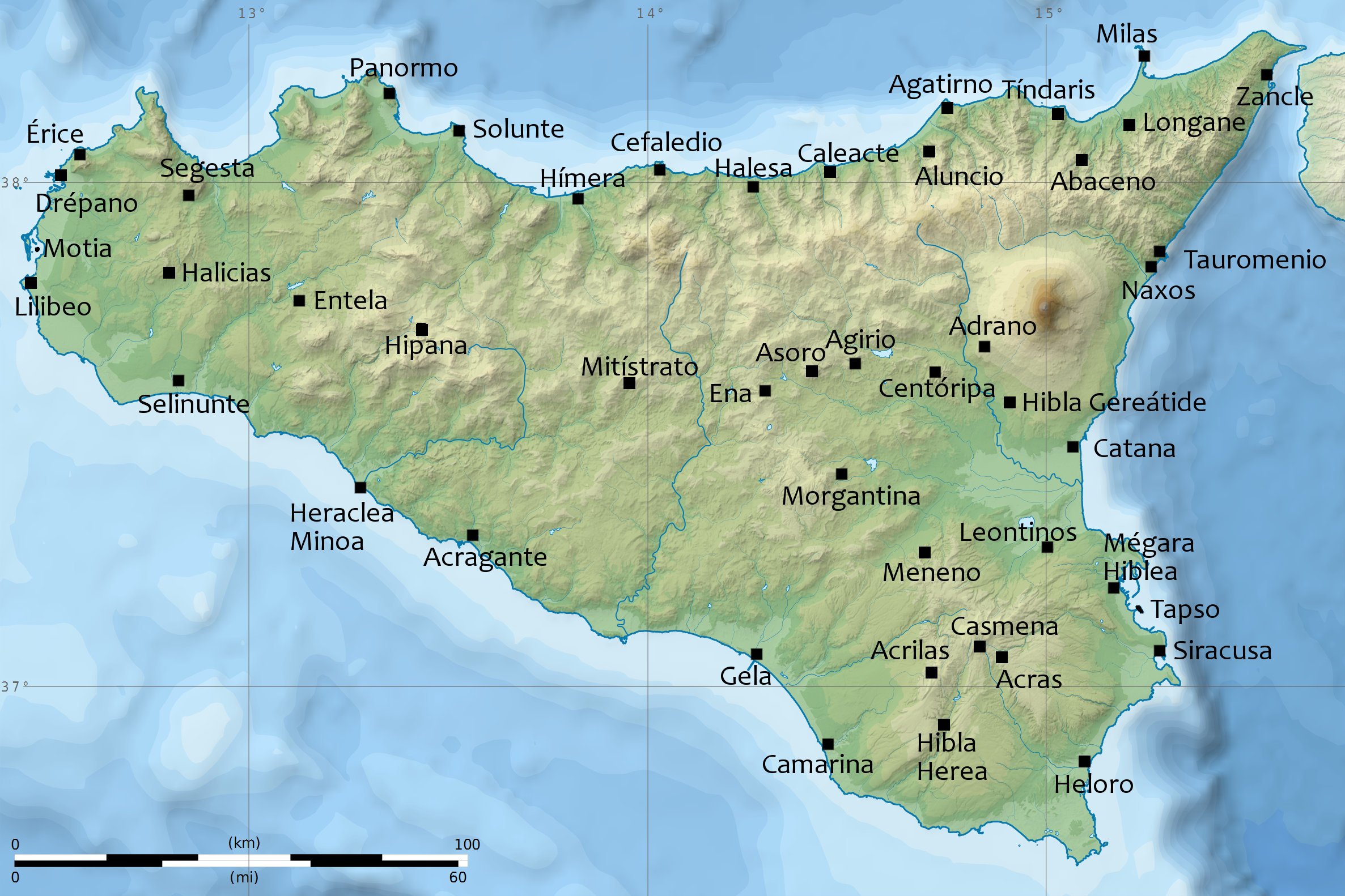 Carta della Sicilia antica con Siracusa, Segesta e Lilibeo
