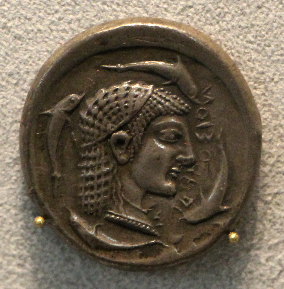 Moneta arcaica d'argento di Siracusa con testa femminile, fine VI secolo a.C.