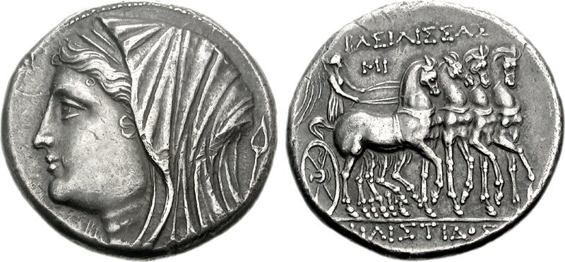 Tetradramma d'argento con la regina Filistide velata e diademata, e Nike su quadriga al rovescio