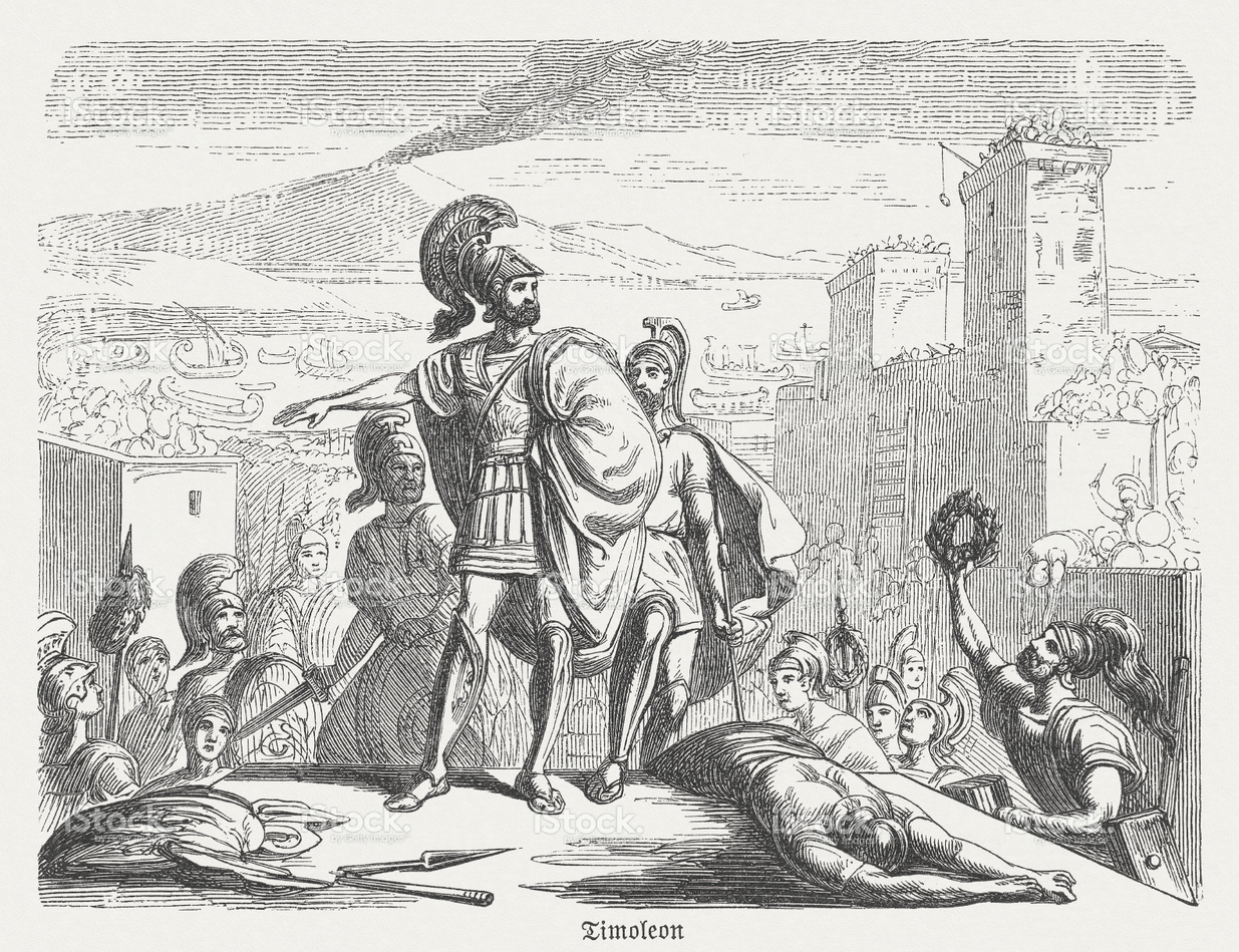 Incisione ottocentesca di Timoleonte a Siracusa nel 344 a.C.