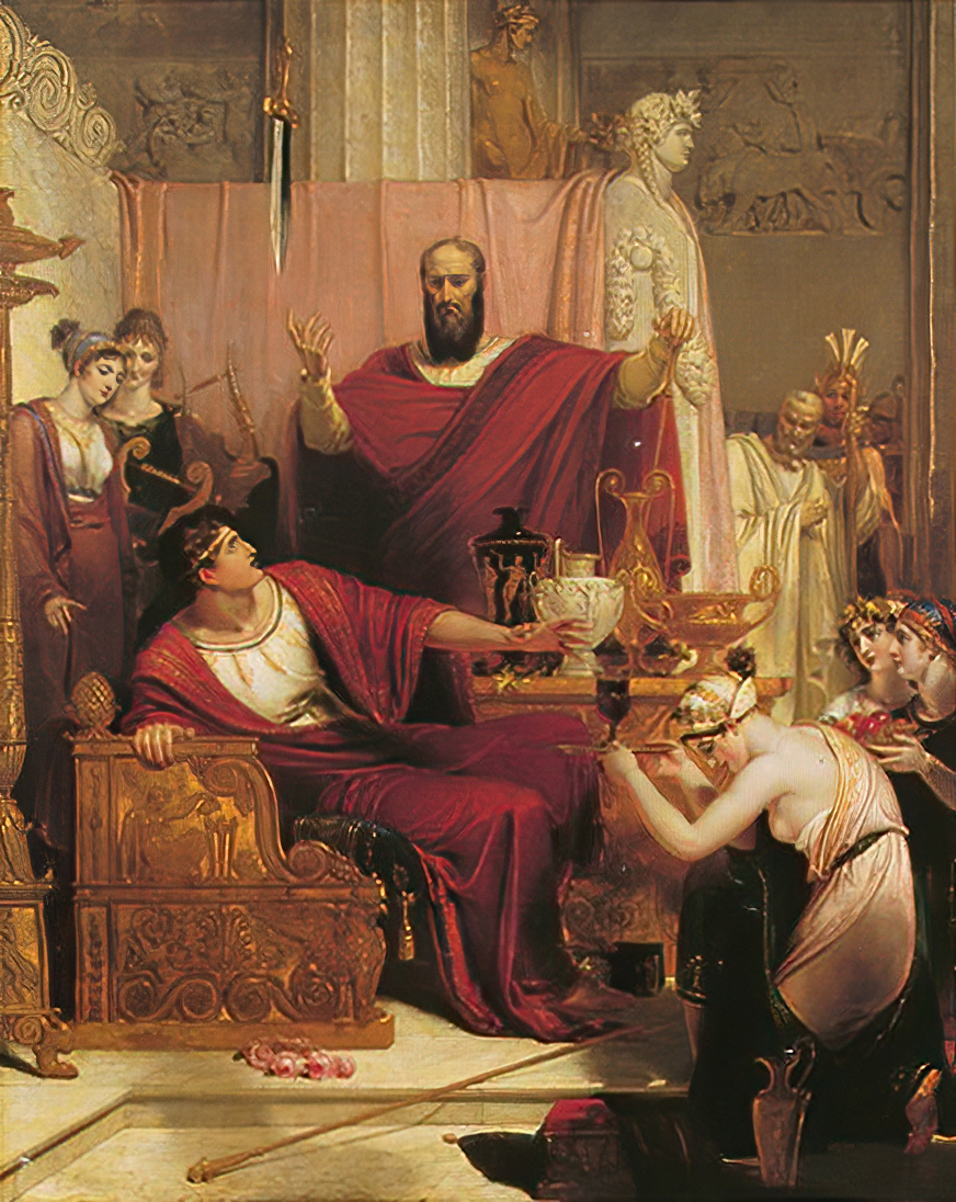 Dipinto della spada di Damocle sospesa sul banchetto alla corte di Dionisio