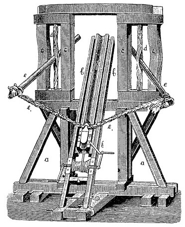 Illustrazione di un palintonon, grande catapulta greca a torsione per il lancio di pietre