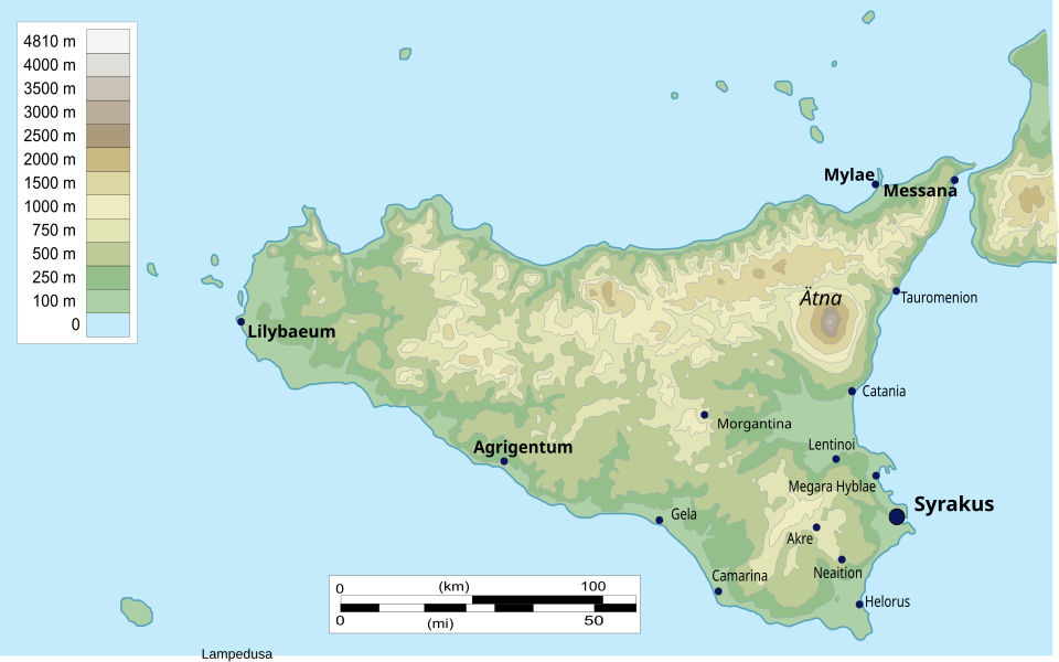 Carta della Sicilia sotto Ierone II, con il regno di Siracusa nella parte orientale dell'isola