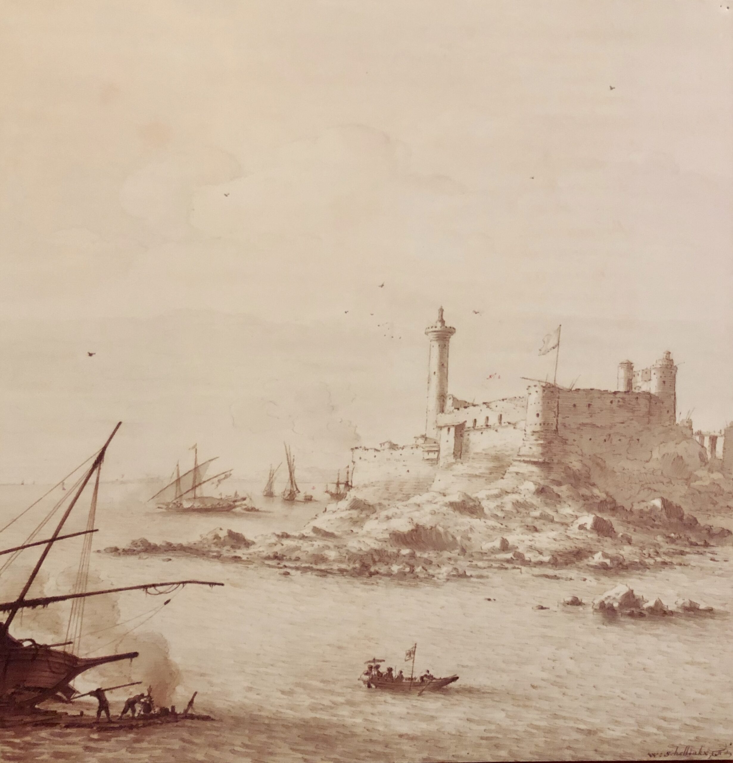 Disegno seicentesco in inchiostro seppia: la punta rocciosa di Ortigia con la mole del Castello Maniace, le torri cilindriche, una alta torre con la lanterna e una bandiera issata; intorno barche a vela e a remi, in primo piano pescatori accanto a un fuoco