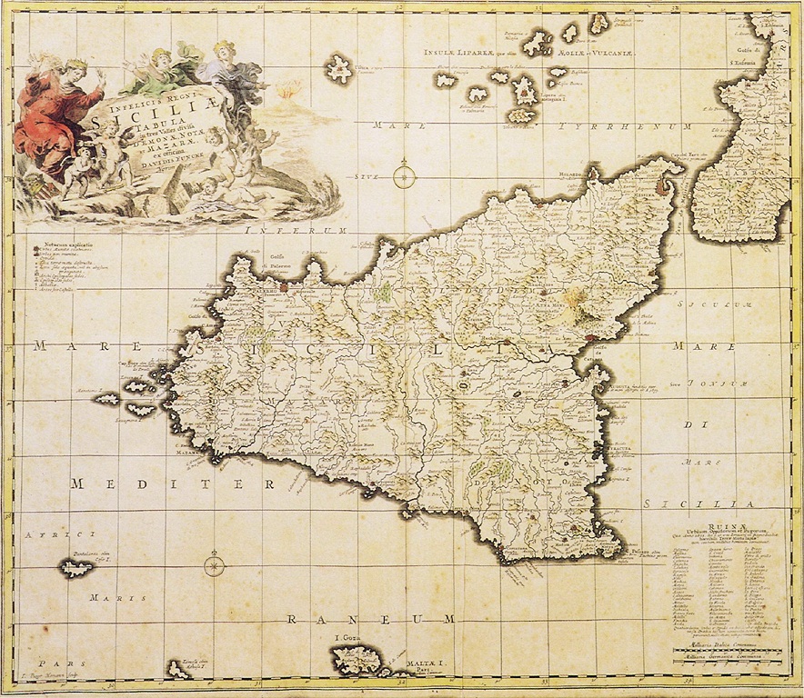 Mappa acquerellata seicentesca della Sicilia con cartiglio allegorico con figure piangenti, Etna in eruzione e un elenco delle città rovinate dal terremoto