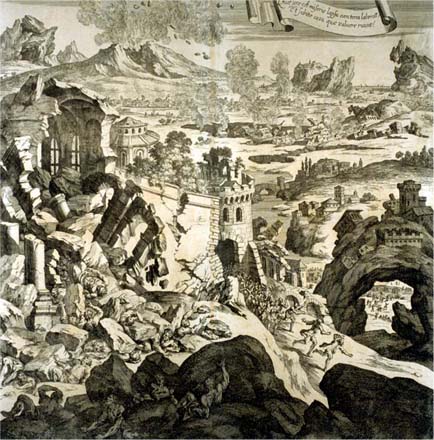 Incisione seicentesca: edifici crollati e macerie in primo piano, persone in fuga, una torre lesionata e l Etna in eruzione sullo sfondo