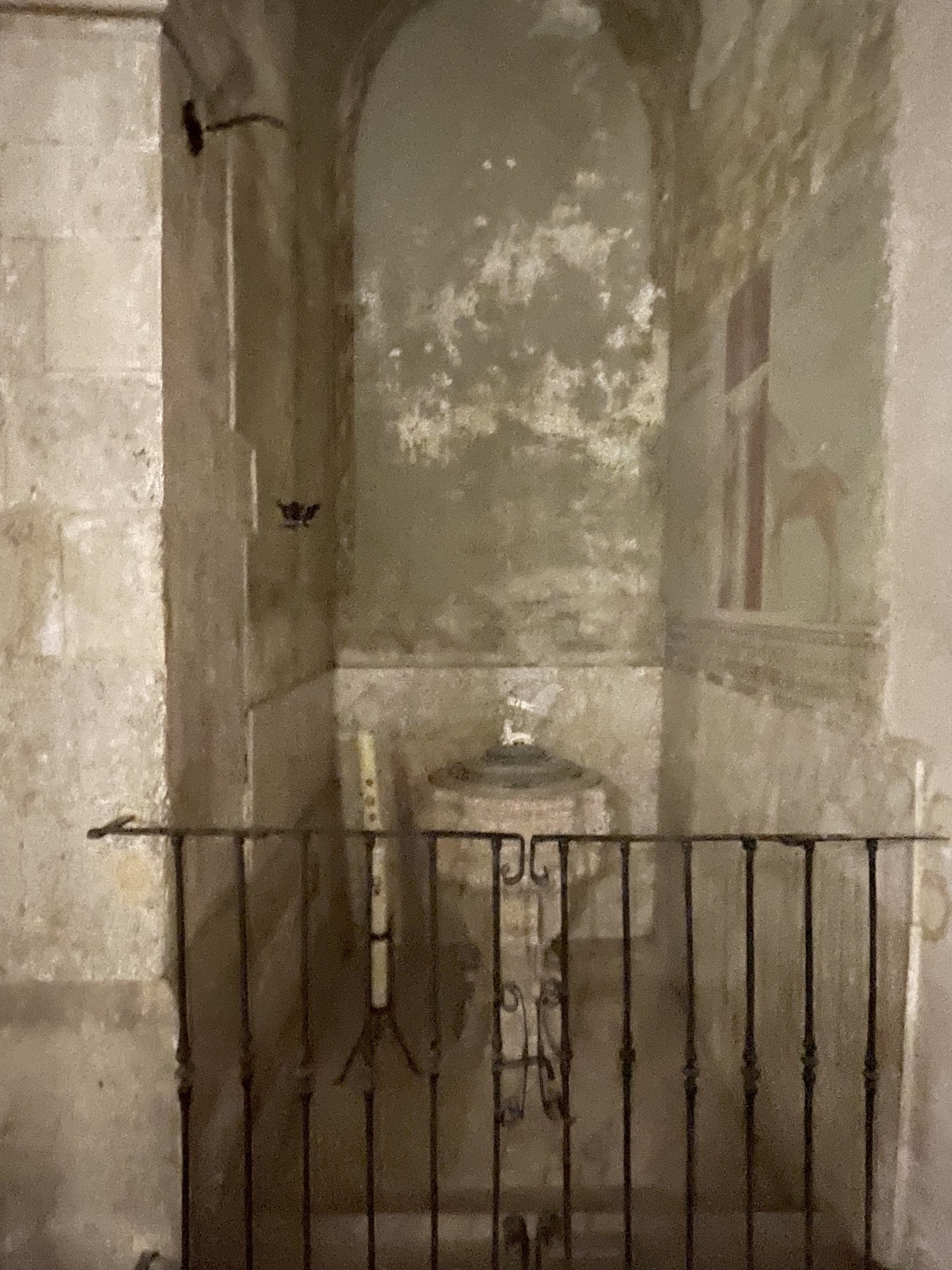Vano del battistero chiuso da una grata di ferro battuto, con il fonte in pietra e tracce di pitture murali sulle pareti
